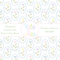 Colorful Watercolor Florals in Scalloped Frame Seamless Pattern: Seamless pattern of colorful watercolor flowers in blue scalloped oval frames