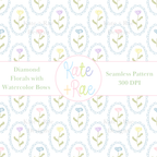 Colorful Watercolor Florals in Scalloped Frame Seamless Pattern: Seamless pattern of colorful watercolor flowers in blue scalloped oval frames