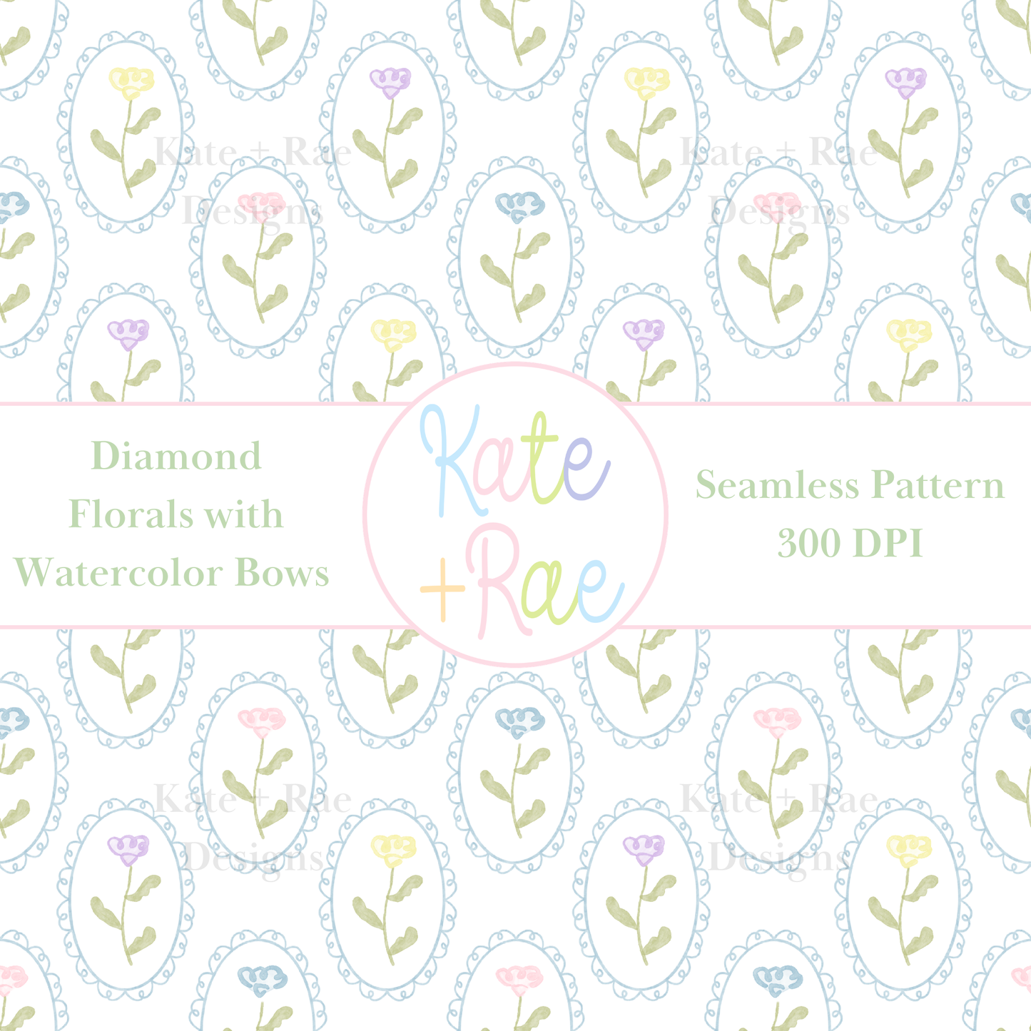 Colorful Watercolor Florals in Scalloped Frame Seamless Pattern