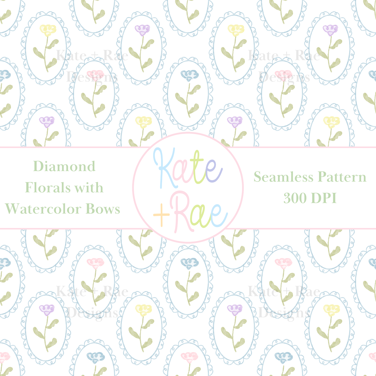 Colorful Watercolor Florals in Scalloped Frame Seamless Pattern: Seamless pattern of colorful watercolor flowers in blue scalloped oval frames