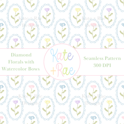 Colorful Watercolor Florals in Scalloped Frame Seamless Pattern