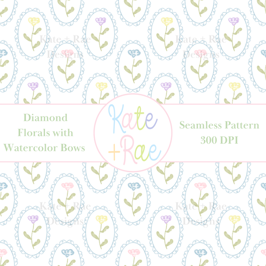 Colorful Watercolor Florals in Scalloped Frame Seamless Pattern