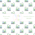 Blue & Green Watercolor Train Seamless Pattern: Seamless pattern of blue and green watercolor trains on white