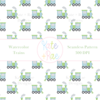 Blue & Green Watercolor Train Seamless Pattern: Seamless pattern of blue and green watercolor trains on white