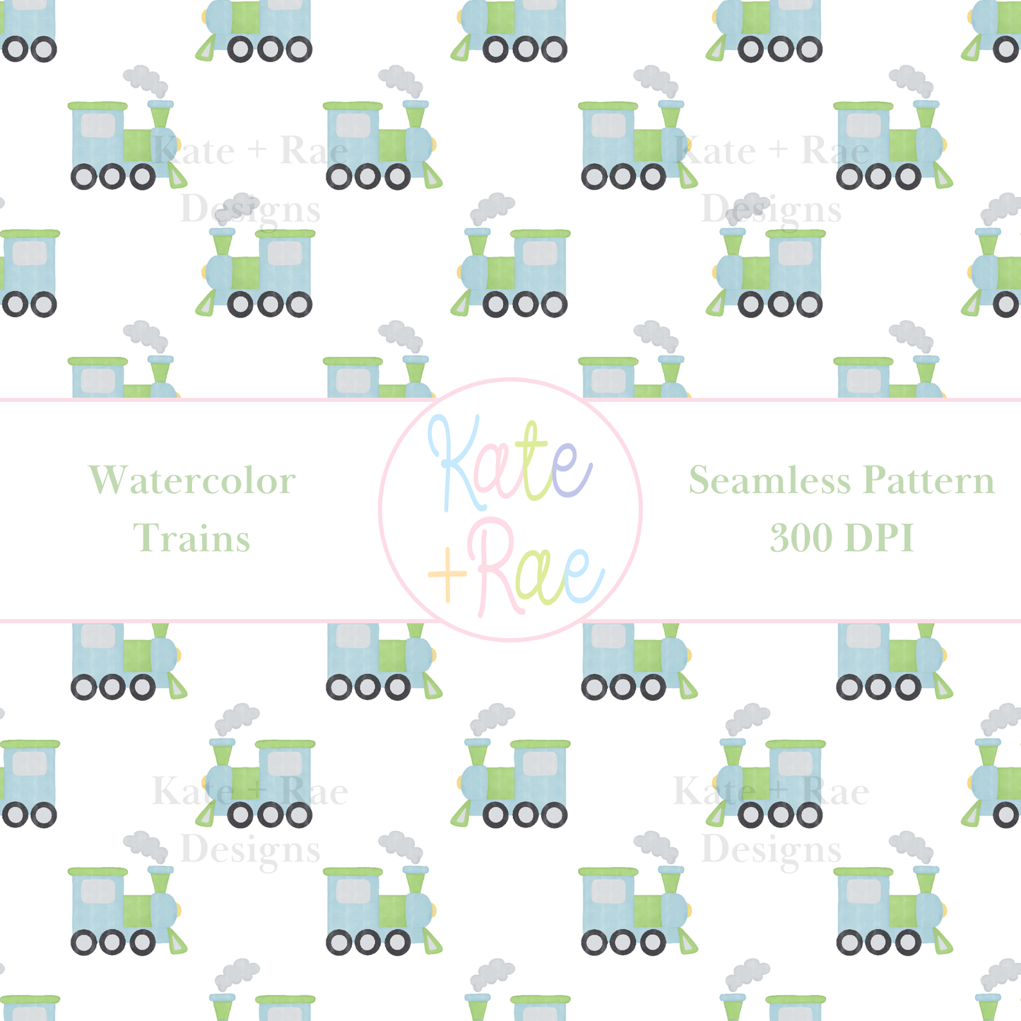 Blue & Green Watercolor Train Seamless Pattern