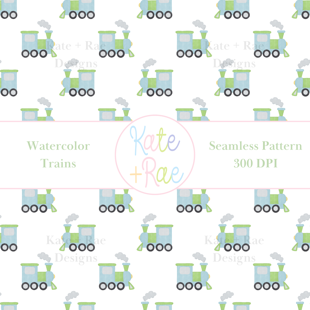 Blue & Green Watercolor Train Seamless Pattern: Seamless pattern of blue and green watercolor trains on white