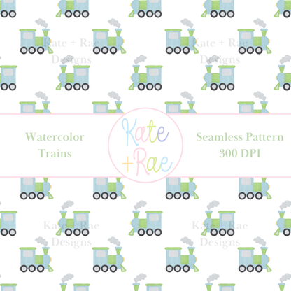 Blue & Green Watercolor Train Seamless Pattern