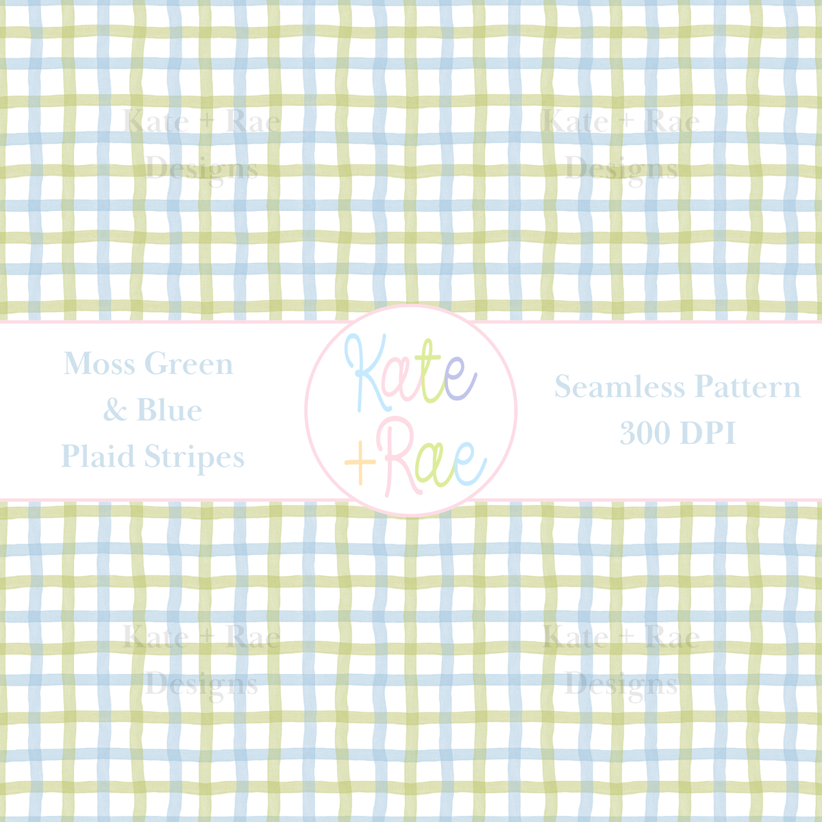 Blue & Moss Green Plaid Watercolor Seamless Pattern: Seamless watercolor plaid pattern of moss green and blue stripes