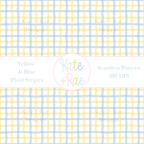 Blue & Yellow Plaid Watercolor Seamless Pattern: Seamless watercolor plaid pattern of yellow and blue stripes