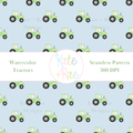 Green Tractor Watercolor Seamless Pattern with Blue Background: Seamless pattern of green watercolor tractors on a light blue background