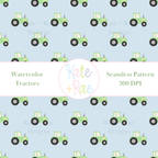Green Tractor Watercolor Seamless Pattern with Blue Background: Seamless pattern of green watercolor tractors on a light blue background