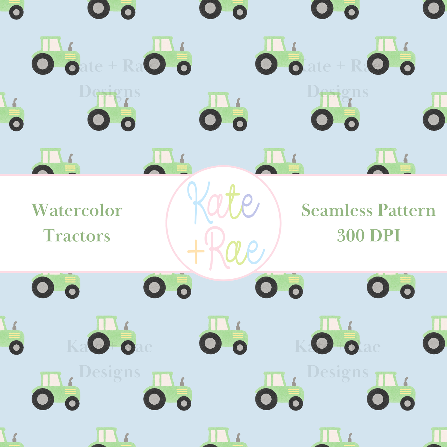 Green Tractor Watercolor Seamless Pattern with Blue Background