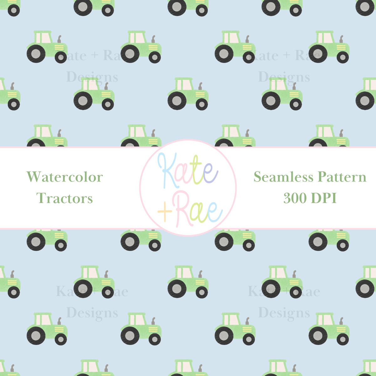 Green Tractor Watercolor Seamless Pattern with Blue Background: Seamless pattern of green watercolor tractors on a light blue background