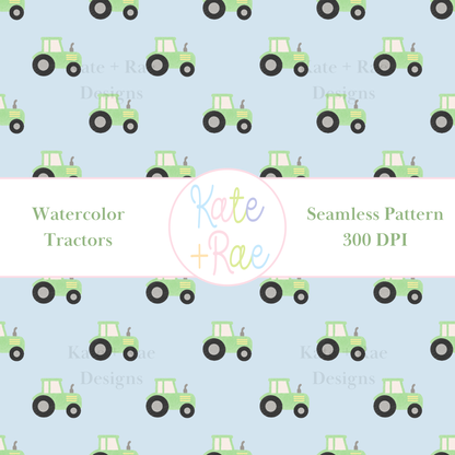 Green Tractor Watercolor Seamless Pattern with Blue Background