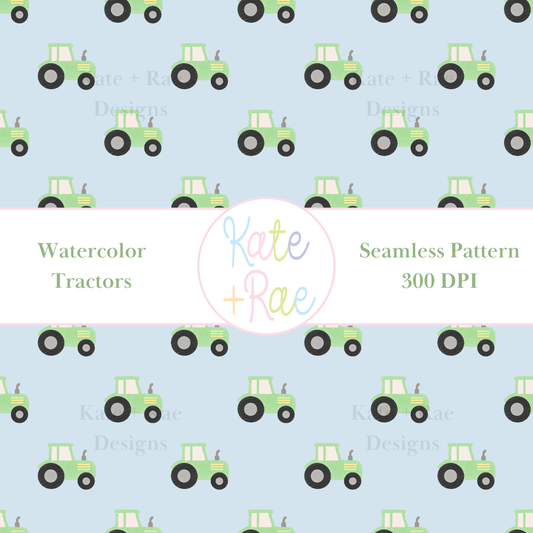 Green Tractor Watercolor Seamless Pattern with Blue Background