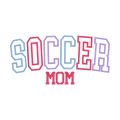 Soccer Mom: SOCCER in multicolor curved collegiate outline letters above MOM in pink