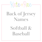 Back of Jersey Names - Softball & Baseball: Graphic reading Back of Jersey Names, Softball and Baseball