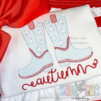 Patriotic Cowboy / Cowgirl Boots Sketch Stitch Embroidery Design: Light blue cowboy boots with white stars above the name autumn in red script on a white shirt