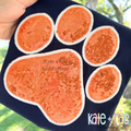 Paw Print Double Zigzag Stitch Applique Embroidery Design: Orange sequin paw print applique with white outline on a navy shirt