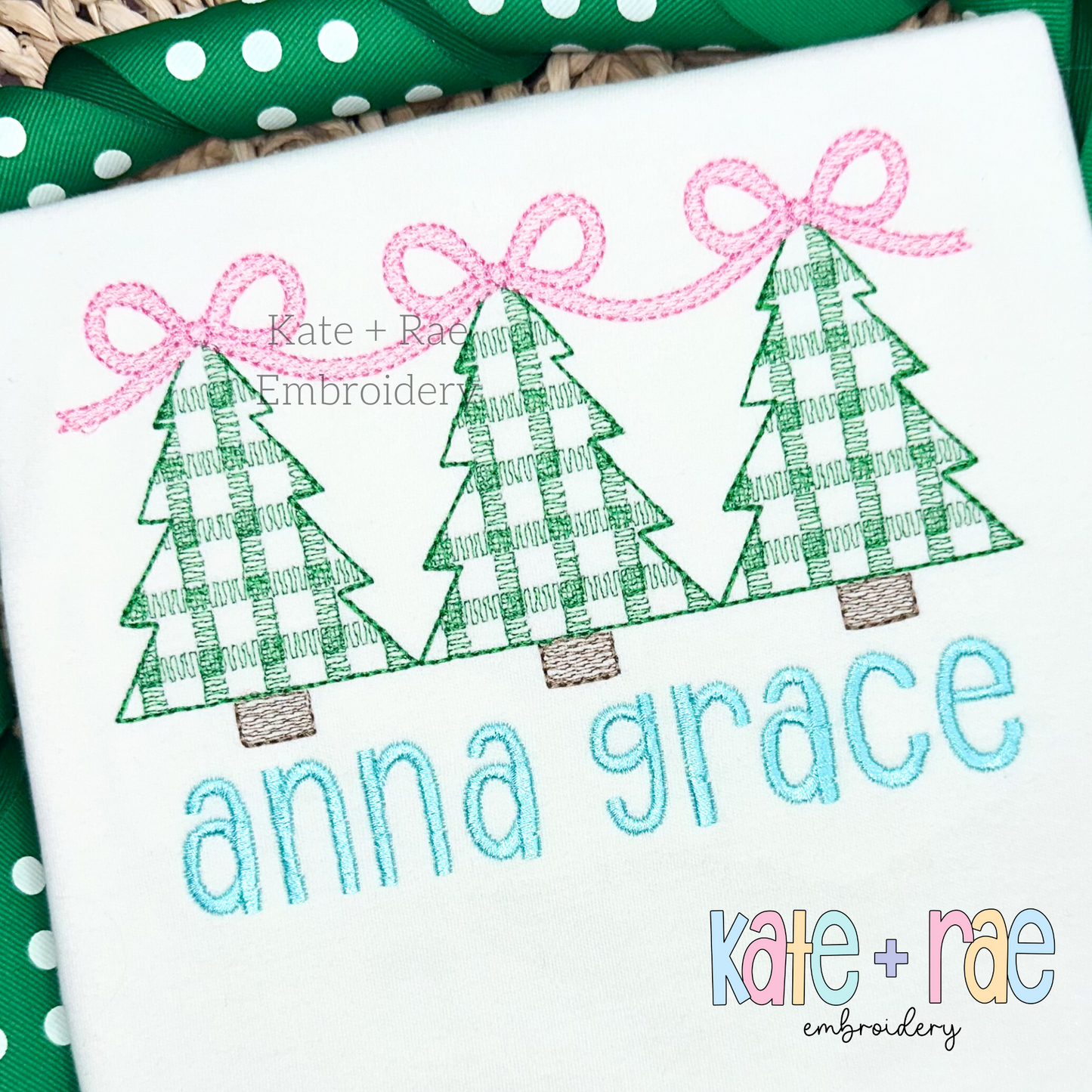 Girls Plaid Christmas Tree Trio with Connecting Bows Sketch Stitch Embroidery Design