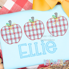 Girl's Plaid Filled Apple Trio Embroidery Design: Three red plaid apples with bows above the name Ellie in light blue on a light blue shirt