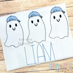 Boy's Ghost Trio Sketch Stitch Embroidery Design: Three sketch stitch ghosts wearing blue caps above the name LIAM in blue on a white shirt