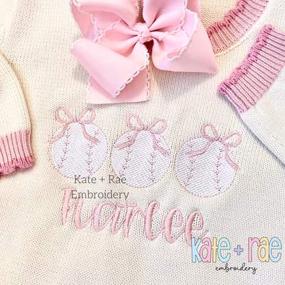 Girl's Baseball Trio with Bows Sketch Stitch Embroidery Design