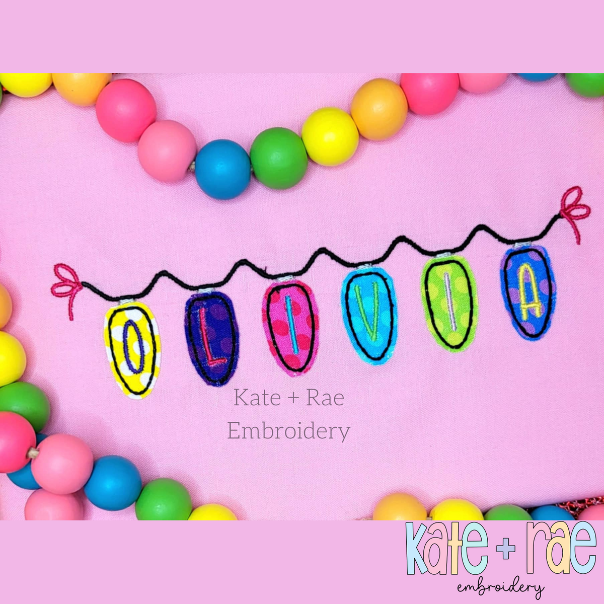 Christmas Lights Bean Stitch Applique Embroidery Font: Christmas light bulbs spelling OLIVIA in bright colors hanging from a strand on a pink shirt