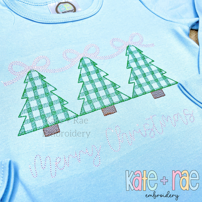 Girls Plaid Christmas Tree Trio with Connecting Bows Sketch Stitch Embroidery Design