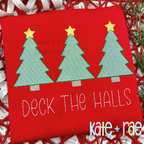 Boys Christmas Tree Trio Sketch Stitch Embroidery Design: Three mint Christmas trees with yellow stars above the words DECK THE HALLS on a red shirt