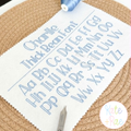 Charlie Thick Bean Stitch Embroidery Font: Full upper and lowercase alphabet stitched in light blue thick bean stitch on white fabric