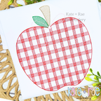 Girl's Plaid Filled Apple Embroidery Design: Large red plaid sketch stitch apple with a green leaf on a white shirt