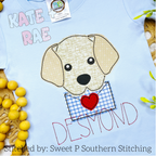 Boy Valentine's Day Puppy Bean Stitch Applique Embroidery Design: Puppy holding a blue gingham envelope with a red heart above the name Desmond on a light blue shirt
