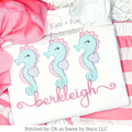 Seahorse Trio Sketch Stitch Embroidery Design: Three pastel sketch stitch seahorses above the name berkleigh in pink script on a white shirt