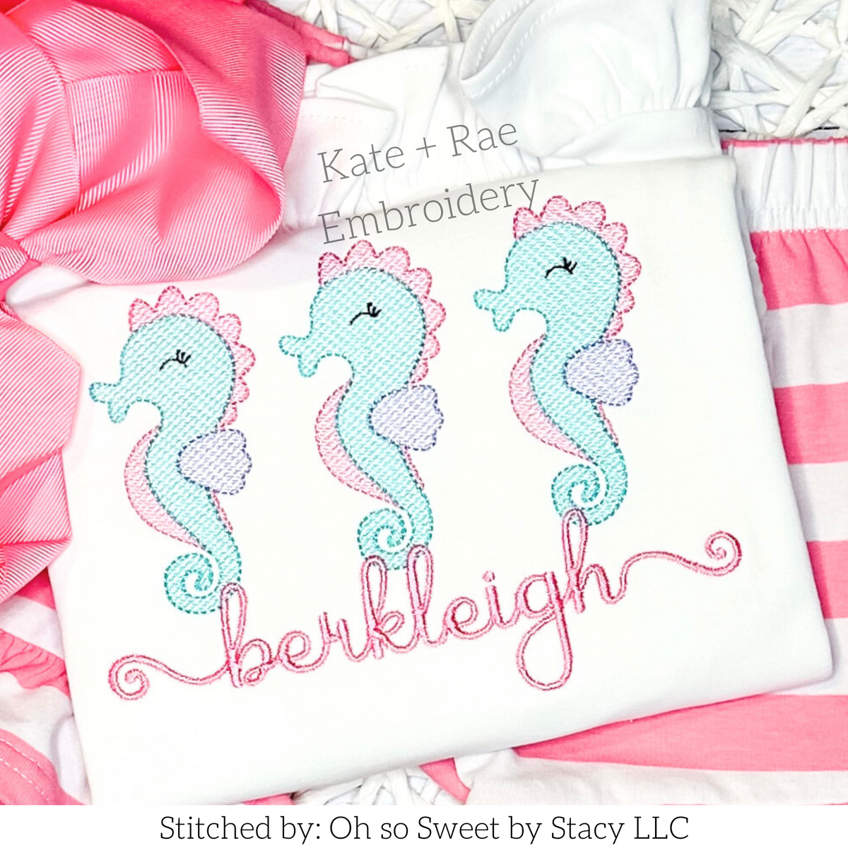 Seahorse Trio Sketch Stitch Embroidery Design: Three pastel sketch stitch seahorses above the name berkleigh in pink script on a white shirt