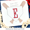 Boy's Baseball Frame Sketch Stitch Embroidery Design: Home plate frame with crossed bats around a red monogram letter E on a white shirt