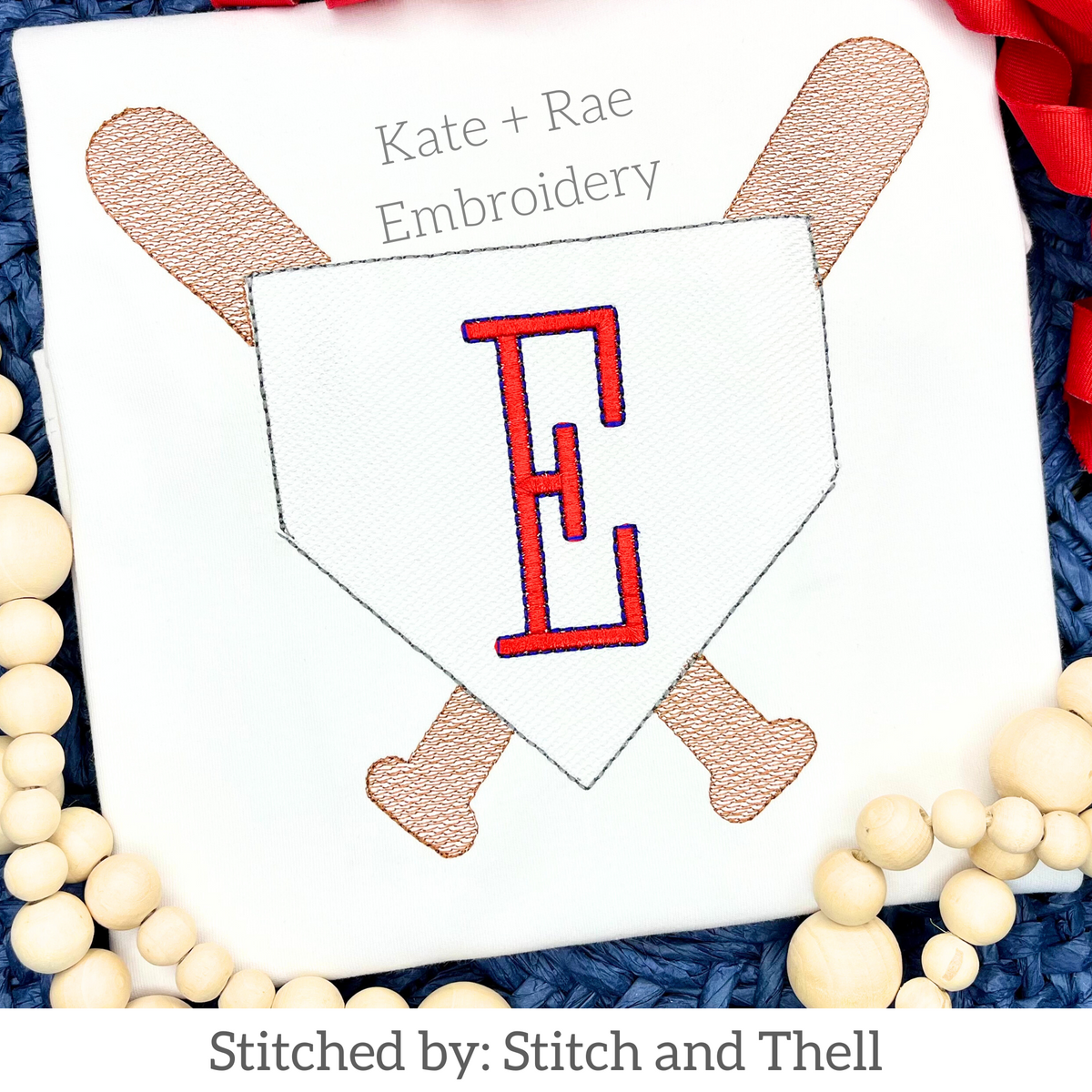 Boy's Baseball Frame Sketch Stitch Embroidery Design: Home plate frame with crossed bats around a red monogram letter E on a white shirt