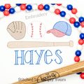 Boy's Baseball Sketch Stitch Embroidery Design: Sketch stitch glove, baseball, cap, and bat above the name Hayes in blue on a white shirt