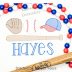 Boy's Baseball Sketch Stitch Embroidery Design: Sketch stitch glove, baseball, cap, and bat above the name Hayes in blue on a white shirt