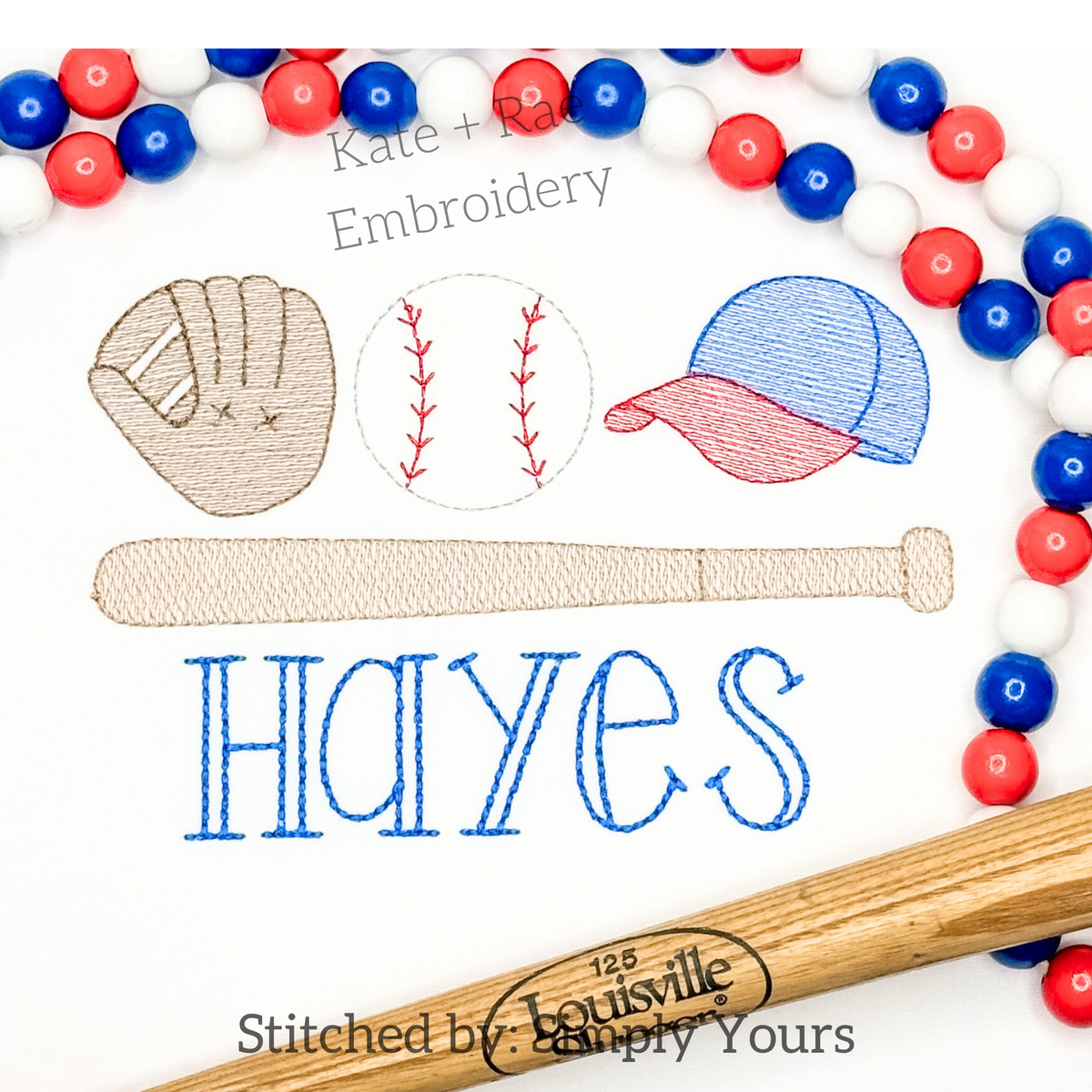 Boy's Baseball Sketch Stitch Embroidery Design: Sketch stitch glove, baseball, cap, and bat above the name Hayes in blue on a white shirt