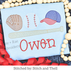 Boy's Baseball Sketch Stitch Embroidery Design: Sketch stitch glove, baseball, cap, and bat above the name Owen in red on a light blue shirt