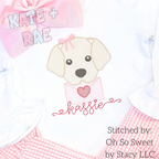 Girls Valentine's Day Puppy Sketch Stitch Embroidery Design: Sketch stitch puppy with a pink bow holding a pink envelope above the name Kassie on a white shirt