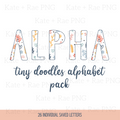 Tiny Doodles Alphabet Pack: Word ALPHA in floral doodle-patterned letters with the title tiny doodles alphabet pack, 26 individual saved letters