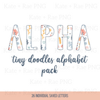 Tiny Doodles Alphabet Pack: Word ALPHA in floral doodle-patterned letters with the title tiny doodles alphabet pack, 26 individual saved letters