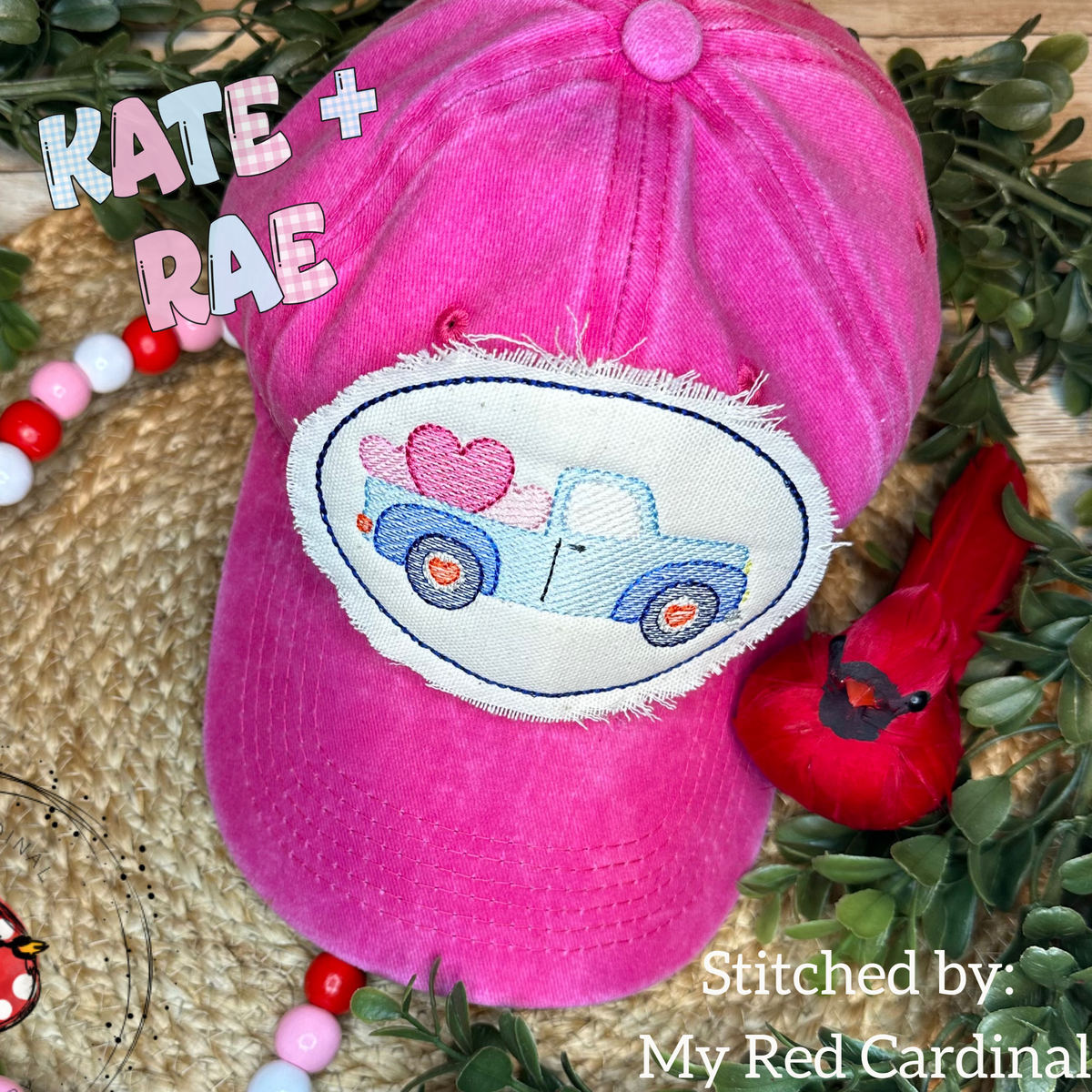 Vintage Truck Valentine's Day Sketch Stitch Embroidery Design: Blue vintage truck carrying pink hearts stitched on an oval patch on a pink cap