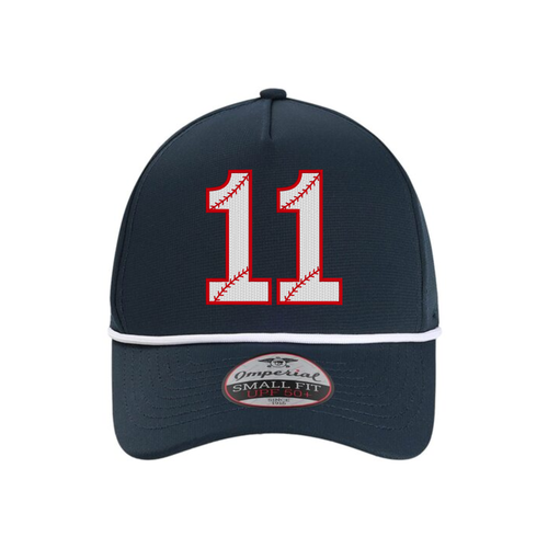 Baseball Number Embroidered Hats: Navy rope hat with the number 11 in white and red embroidery