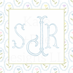 Colorful Watercolor Florals in Scalloped Frame Seamless Pattern: Blue SJR monogram mockup on a watercolor floral scalloped frame pattern
