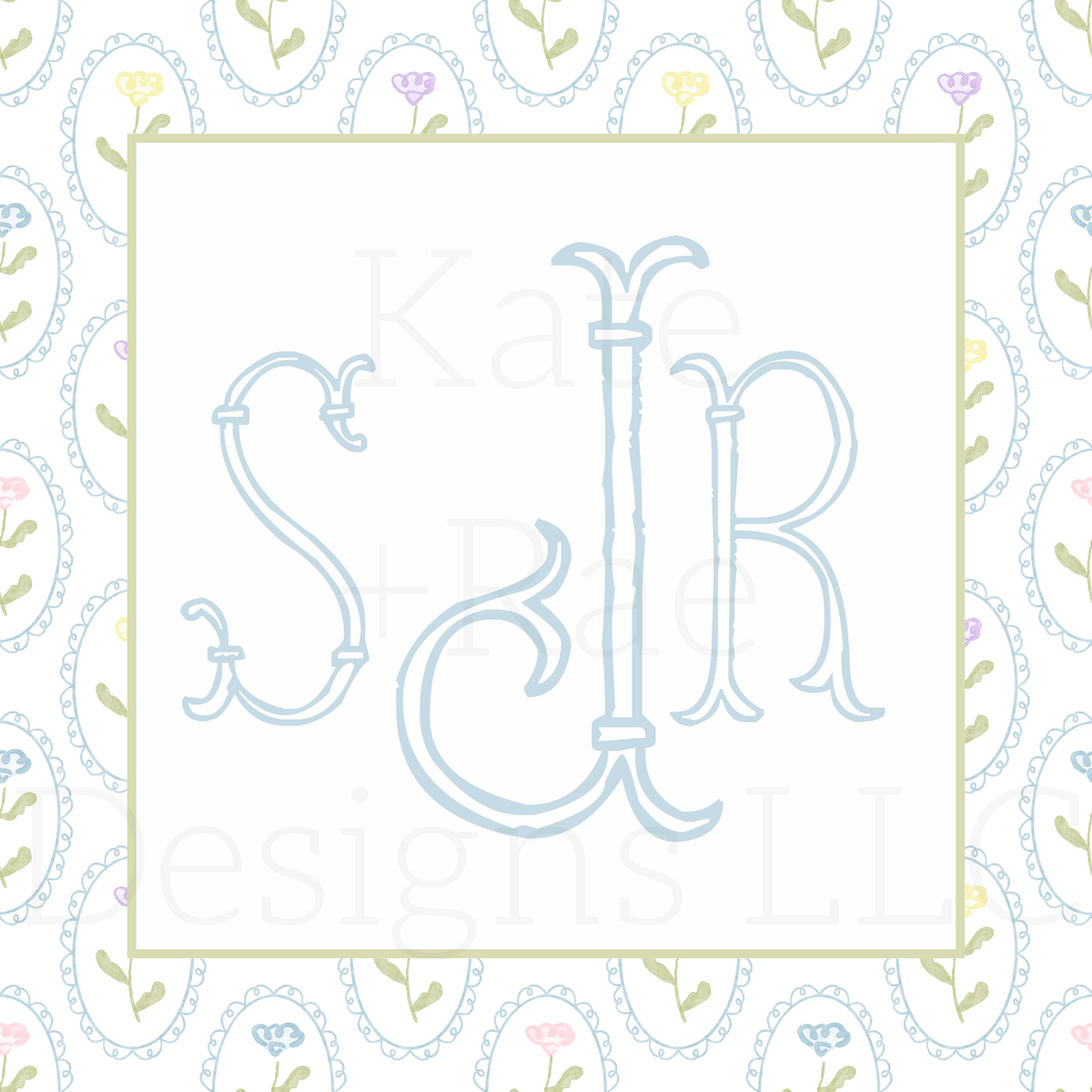 Colorful Watercolor Florals in Scalloped Frame Seamless Pattern: Blue SJR monogram mockup on a watercolor floral scalloped frame pattern