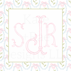 Pink Watercolor Florals in Scalloped Frame with Bows Seamless Pattern: Pink SJR monogram mockup on a watercolor floral scalloped frame pattern with bows