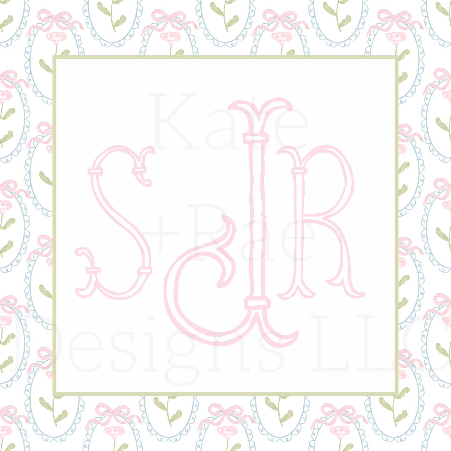 Pink Watercolor Florals in Scalloped Frame with Bows Seamless Pattern